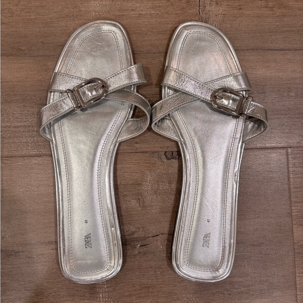 Zara Silver Leather Crisscross Sandals Size 10